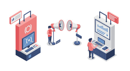 Isometric digital marketing concept with people using technology and megaphones
