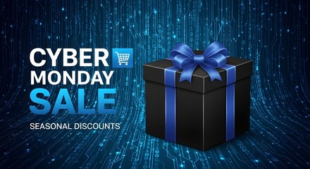 CYBER MONDAY SALE SEASONAL DISCOUNTS” with binary code and gift box—digital, festive, and built for online buzz.