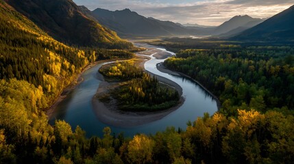 Alaska River Bend Autumn Landscape.