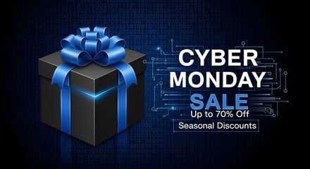 CYBER MONDAY SALE SEASONAL DISCOUNTS” with binary code and gift box—digital, festive, and built for online buzz.
