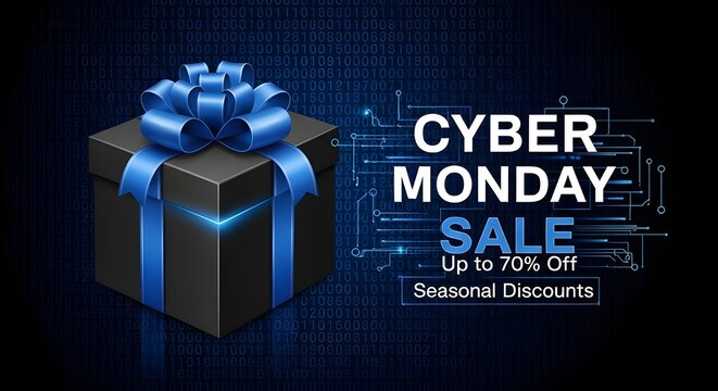 CYBER MONDAY SALE SEASONAL DISCOUNTS” with binary code and gift box—digital, festive, and built for online buzz.