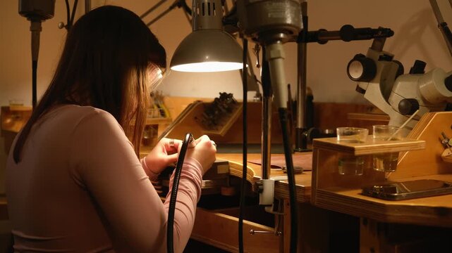 Jeweler workshop jewelry bench microscope lamp tools craftsmanship focused maker using loupe and torch at wooden workbench for delicate ring making