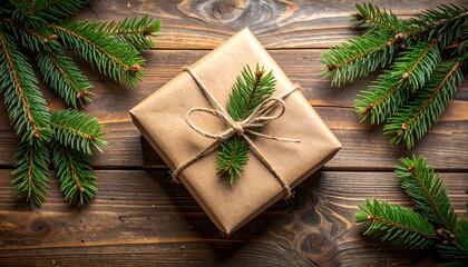 A rustic Christmas gift box wrapped in brown kraft paper and decorated with twine and a fir sprig, placed on a dark wooden table with pine branches