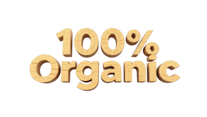 3D rendered text '100% Organic' in a natural wood texture, highlighting eco-friendly products with a rustic feel on a transparent background. background removed