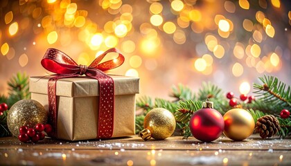 Christmas Gift Box with Ornaments and Festive Background | Holiday Season Celebration
