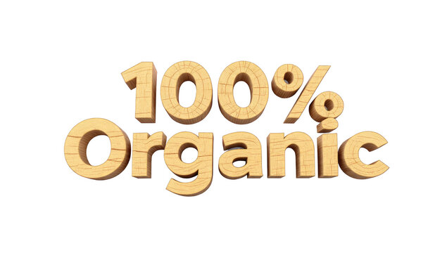 3D rendered text '100% Organic' in a natural wood texture, highlighting eco-friendly products with a rustic feel on a transparent background. background removed