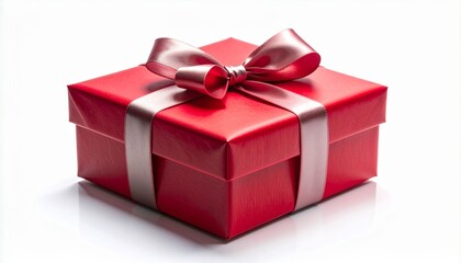 Obraz premium Red gift box with white ribbon and bow. Christmas present. Wrapped box. Ribbon tied bow. Gift wrapping. Red box. White background. Simple design. Holiday gift. Present box.