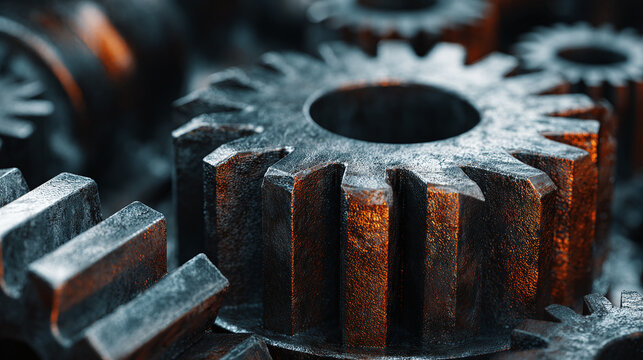 A close-up shot of several interlocking metal gears, symbolizing industry, progress, and mechanical precision. The gears have a metallic sheen and rusty hue.