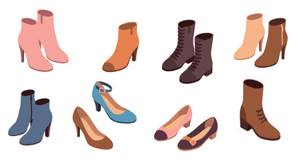 Collection of stylish isometric women's footwear including boots and heels