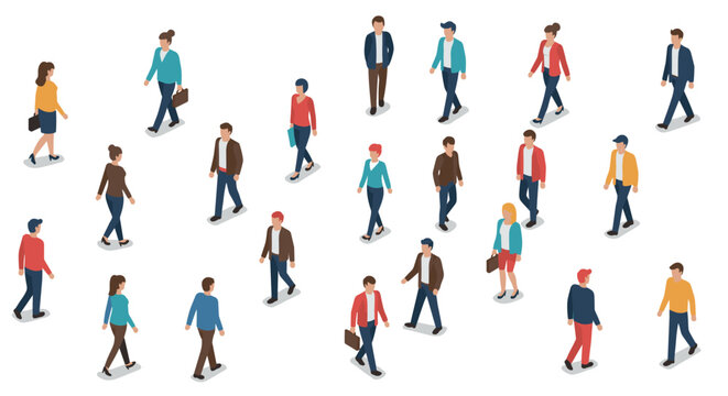 Diverse group of business people walking in various directions isometric style