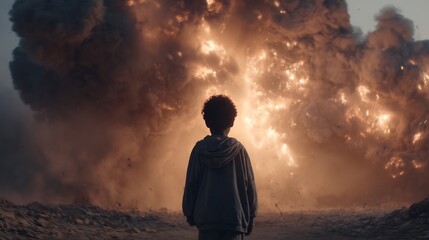 Boy watches explosion with destruction, disaster, and future.
