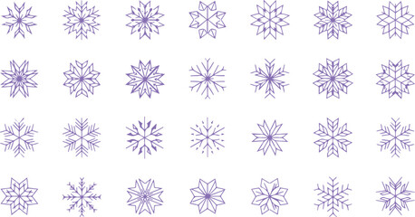 Light purple color  snowflake set design layout, Winter Season Design Element for Festive Holiday Greeting, sharp symmetrical lines, winter symbol, 28 icon set design for holiday. 