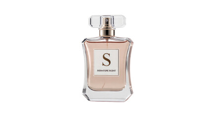 An elegant clear glass perfume bottle with rose gold liquid, a faceted cap, and "S SIGNATURE SCENT" label on a dark transparent background. background removed