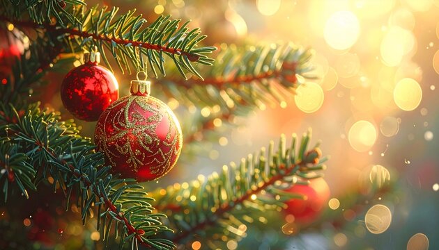 Christmas tree branch with red ornaments. Holiday decoration. Winter festive background. Bokeh lights. Green pine needles. Red and gold baubles. Seasonal ambiance. Close-up view. Natural - Powered by Adobe
