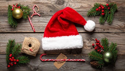Christmas holiday decoration. Santa hat on wooden table. Pine branches with red berries. Gold ornaments. Candy canes. Twine roll. Brown envelope. Christmas and New Year festive scene.