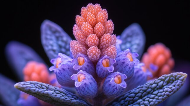 A stunning close-up photograph of a vibrant purple flower showcasing orange buds, set against a dark background. The contrasting colors create a dramatic and eye-catching image.