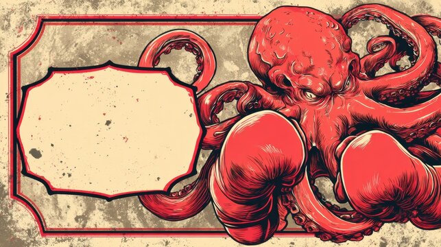 Octopus in Boxing Gloves Ready for a Retro Sports Match With an Empty Title Area for Your Event Details