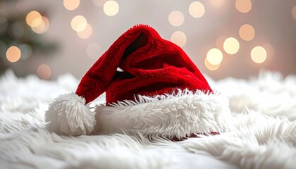 Christmas Santa hat on white fur. Red and white holiday hat. Furry trim and pom pom. Blurred lights background. Christmas tree branch. Winter festive season. Holiday decoration. Seasonal