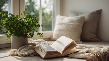 Cozy Reading Nook Book with Plant, and Pillows.