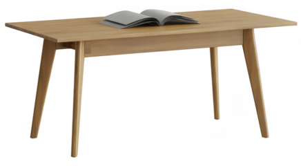 Open book resting on a light wood dining table isolated on a transparent background