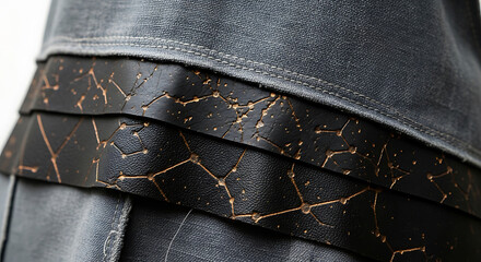 Fashionable denim clothing piece with black leather belt adorned with constellation designs
