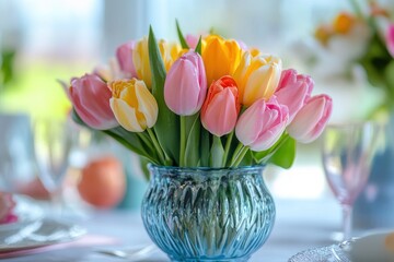 A vibrant bouquet of tulips in a blue glass vase, set against a backdrop of a sunny window and a blurred green landscape.