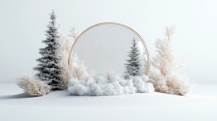 A serene winter landscape with frosted evergreen trees, dry reeds, and soft clouds arranged around a circular frame on a white snowy ground. The scene is illumi