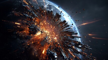 Earth impact explosion with debris, disaster, and space.