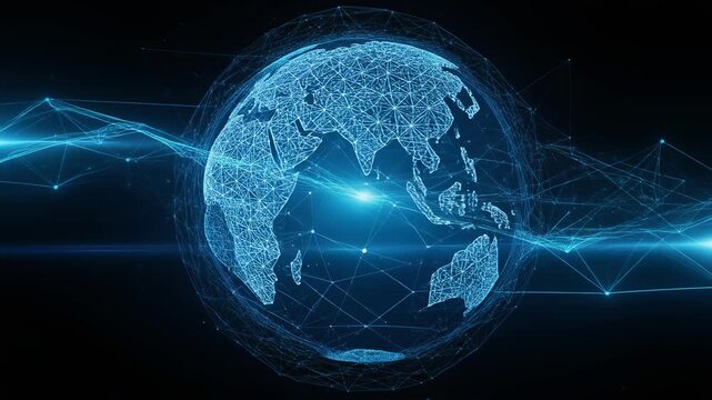 Stylized 3D globe with blue wireframe design representing technology and connectivity.