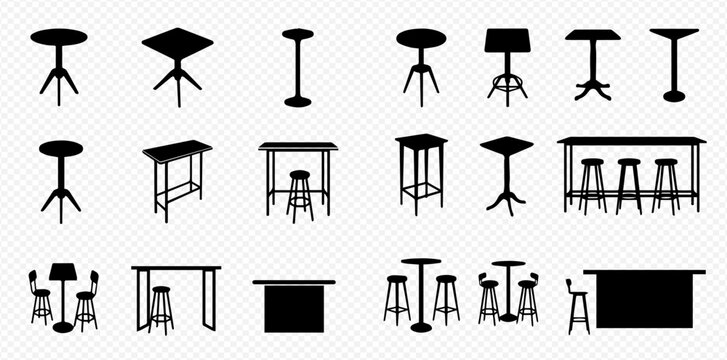 A collection of black silhouette icons depicting various bar tables, high tables, and bar stools in different designs, suitable for graphic resources.