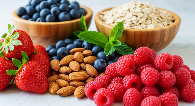 Healthy breakfast ingredients including fresh berries almonds and oats for a nutritious start to the day