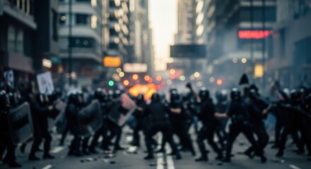 Obraz premium Chaotic Street Scene with Protesters and Riot Police — Representing Civil Unrest and Safety Measures