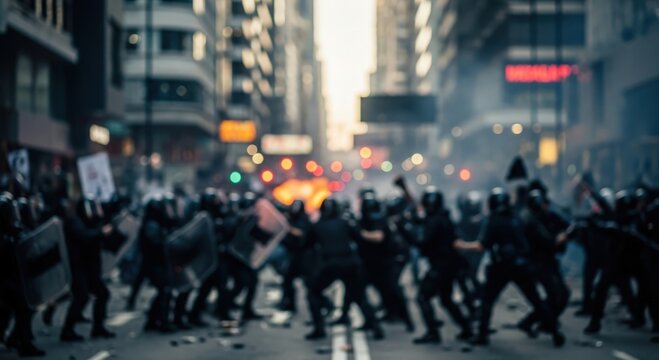 Chaotic Street Scene with Protesters and Riot Police &mdash; Representing Civil Unrest and Safety Measures