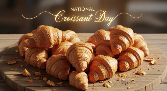 A pile of freshly baked golden brown croissants on a rustic wooden board, perfect for national croissant day