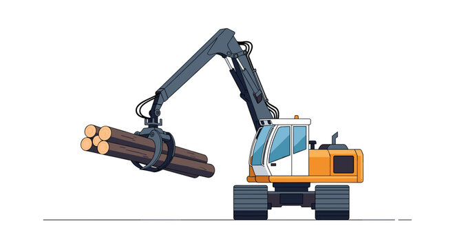 Logging machine lifting timber logs with hydraulic arm  