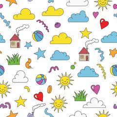 Obraz premium Colorful cartoon elements seamless pattern, isolated on white background