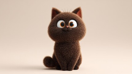 Fluffy brown cartoon cat on light background.