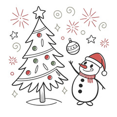 Cute line doodle Merry Christmas and Happy New year simple hand drawn icons set. Xmas bubble, snowman, stars, sparks, glitter, confetti. Festive background
