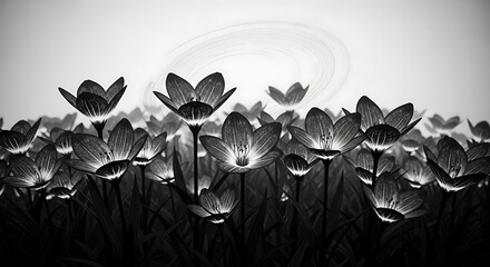 Monochrome artistic floral landscape with stylized swirls evoking dreamlike serenity and tranquility