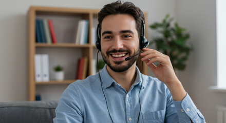 Smiling man in headset talking at home. Client support staff or online tutor working remotely. Telecommuting and distant communication.