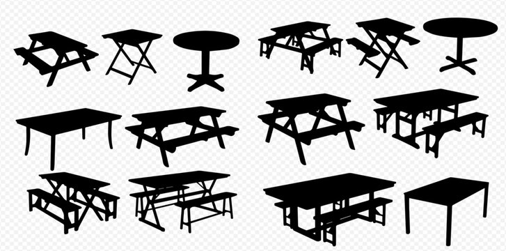 Collection of various table silhouettes, including picnic tables, folding tables, and round dining tables, in black vector style.