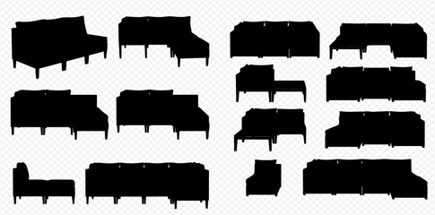 Collection of black sofa and couch silhouettes showing different seating arrangements and furniture styles.