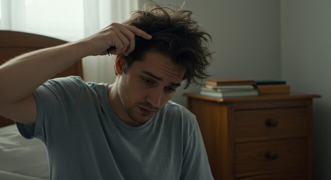 Caucasian man combing messy hair after waking up. Getting ready for the day. Morning routine and personal grooming concept.