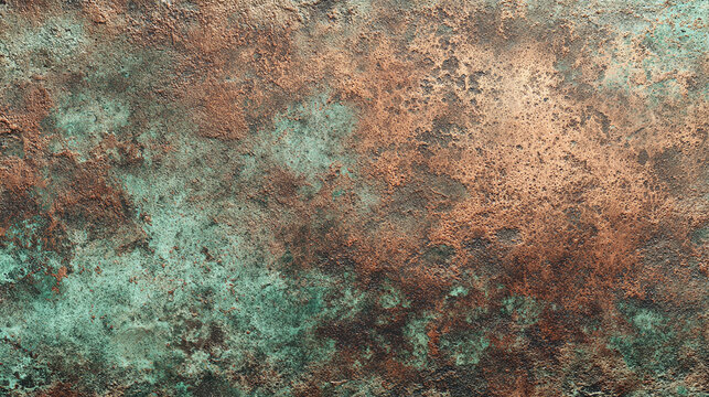 An abstract pattern of weathered copper with green and brown hues. The texture is rough and aged, revealing a rich history