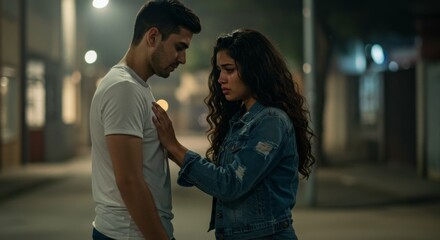 A crying young woman comforts a sad man. Relationship problems, breakup, or grief. Emotional support for difficult times.