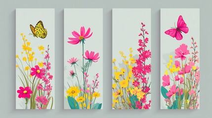 Flower Garden with Butterfly, Floral Art, and Spring.