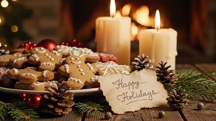 Cozy happy holidays scene with gingerbread cookies and candles on wooden surface. Happy holidays decoration includes ornaments, pine cones, and warm candlelight ambiance.