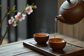 A traditional Japanese tea ceremony is taking place in a serene garden setting, with a beautifully crafted tea set and a serene atmosphere.