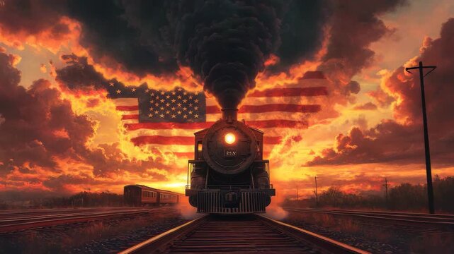 Cinematic Locomotive and USA Flag in Dramatic Sky