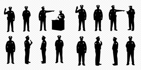 Silhouettes of police officers in various poses, including standing, saluting, pointing, and one at a desk, representing law enforcement.